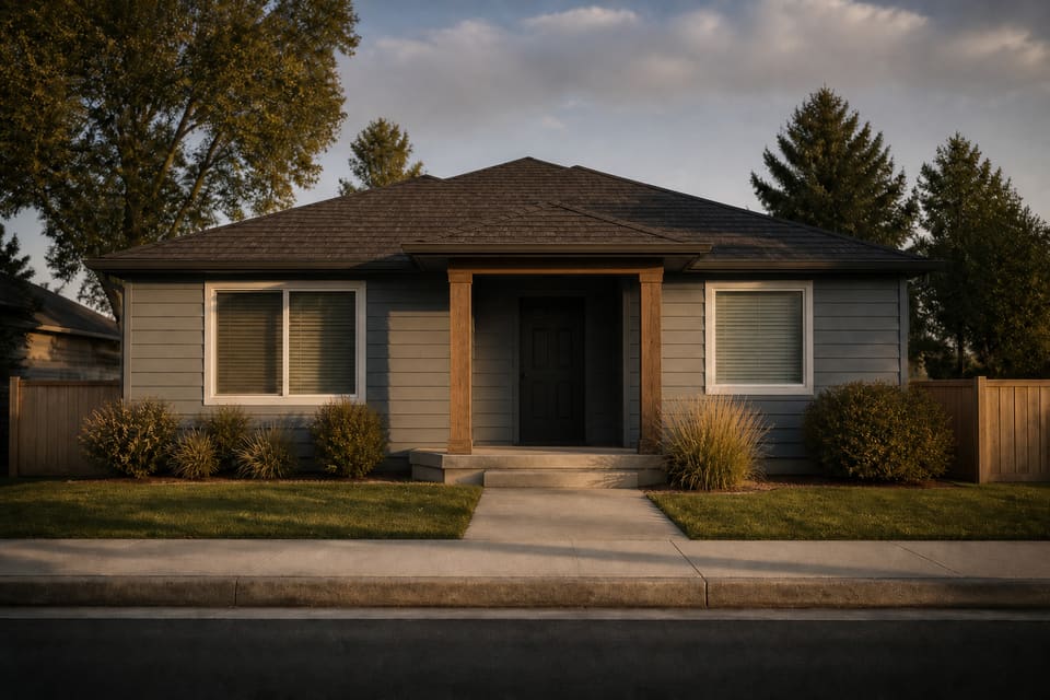 Single-story house with closed blinds and an unused driveway on a suburban lot. Illustrative property.